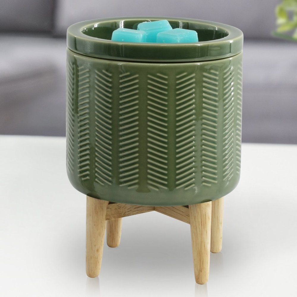 Better Homes & Gardens Electric Green Etched Ceramic Wax Warmer with Wood Stand